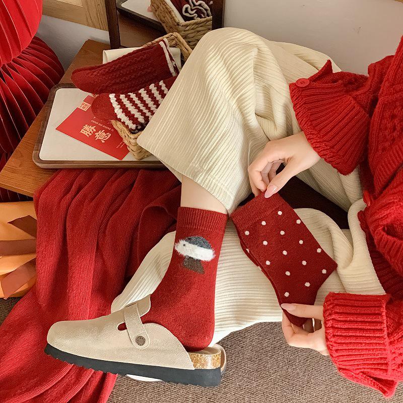 Women's Red Wool Mid-Calf Socks: Winter Warmth, New Year & Christmas Gift