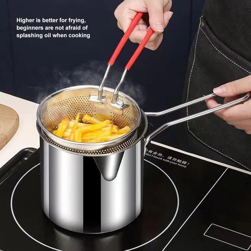Small Deep Fryer Pot with Basket, Mini Deep Oil Fryer, 304 Stainless Steel Gadgets with Anti Scalding Silicone Handle