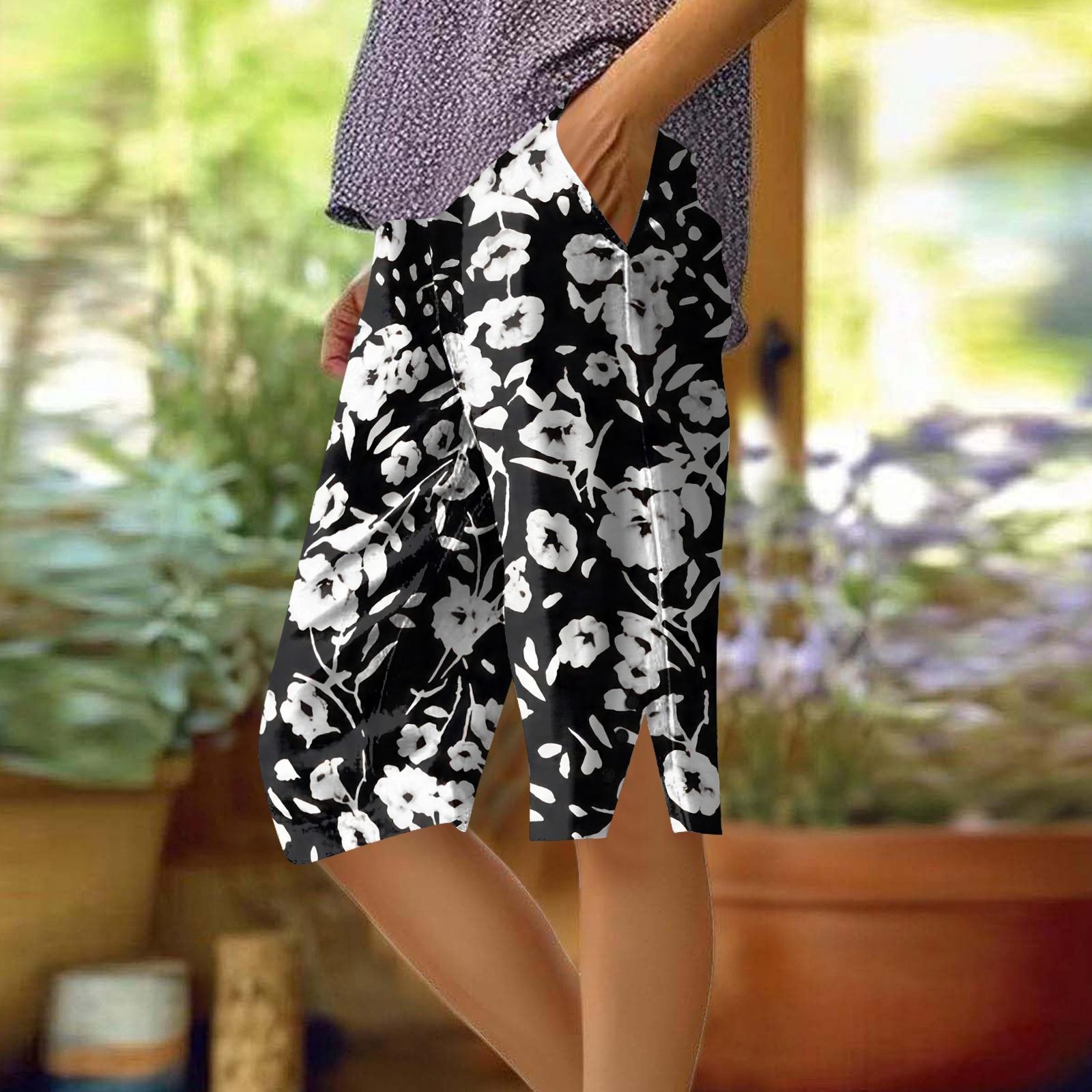 Women s Printing Pants Fashionable Pocket Elastic Waist Casual Shorts L чёрный