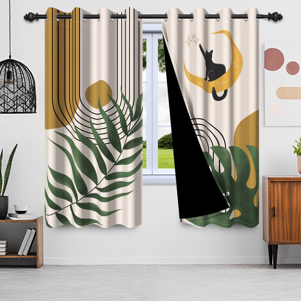 2pcs Nordic Style Blackout Curtains Green Leaves Moon Window Curtains Sun Simple Minimalism Nordic Lines Home Interior Curtains