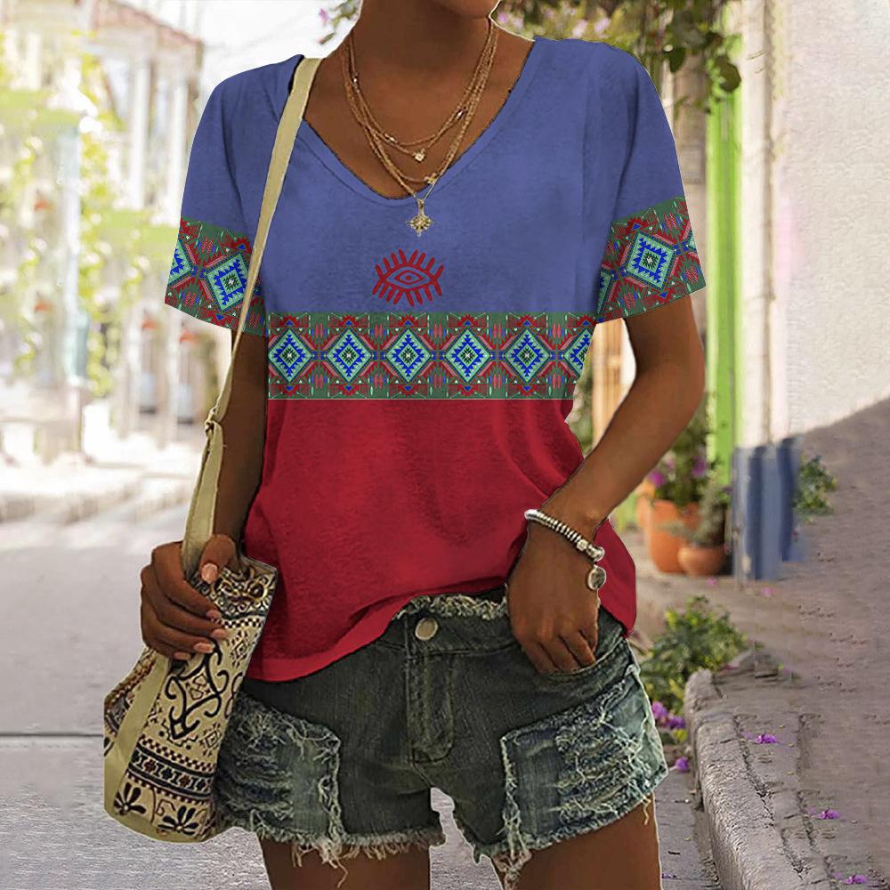 vintage women floral print t shirt short sleeve v neck tops comfortable t-shirts