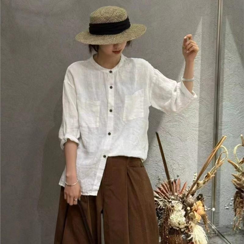 Johnature Casual Shirt Women Summer Retro Loose Versatile Single Breasted Seven Quarter Sleeved Top For Women
