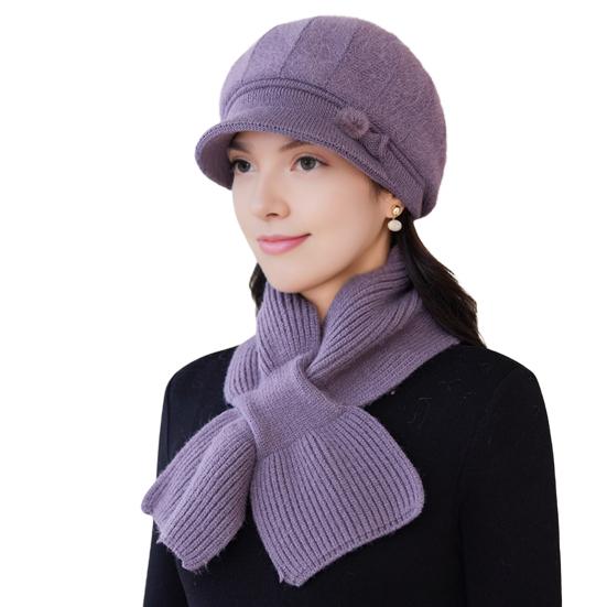 

2 шт./компл. Женская шапка и шарф Комплект Однотонная вязаная бейсболка Однотонный утолщенный комплект шарфа Однотонные эластичные зимние аксессуары фиолетовый