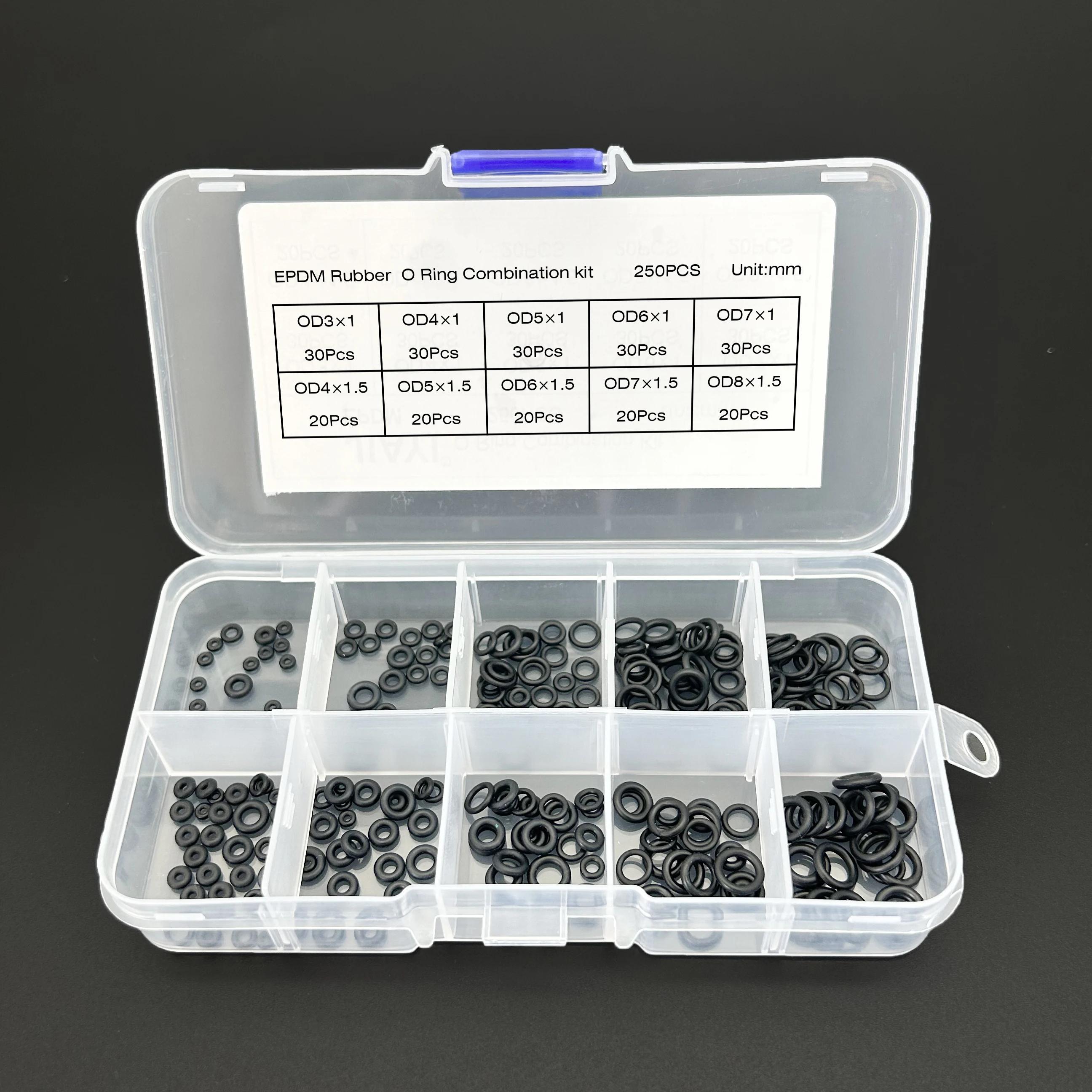 EPDM rubber O-ring combinaton kit 1-box 250 Pcs acid alkali corrosion resistant aging-resistant black O-type sealing ring EPDM 250Pcs