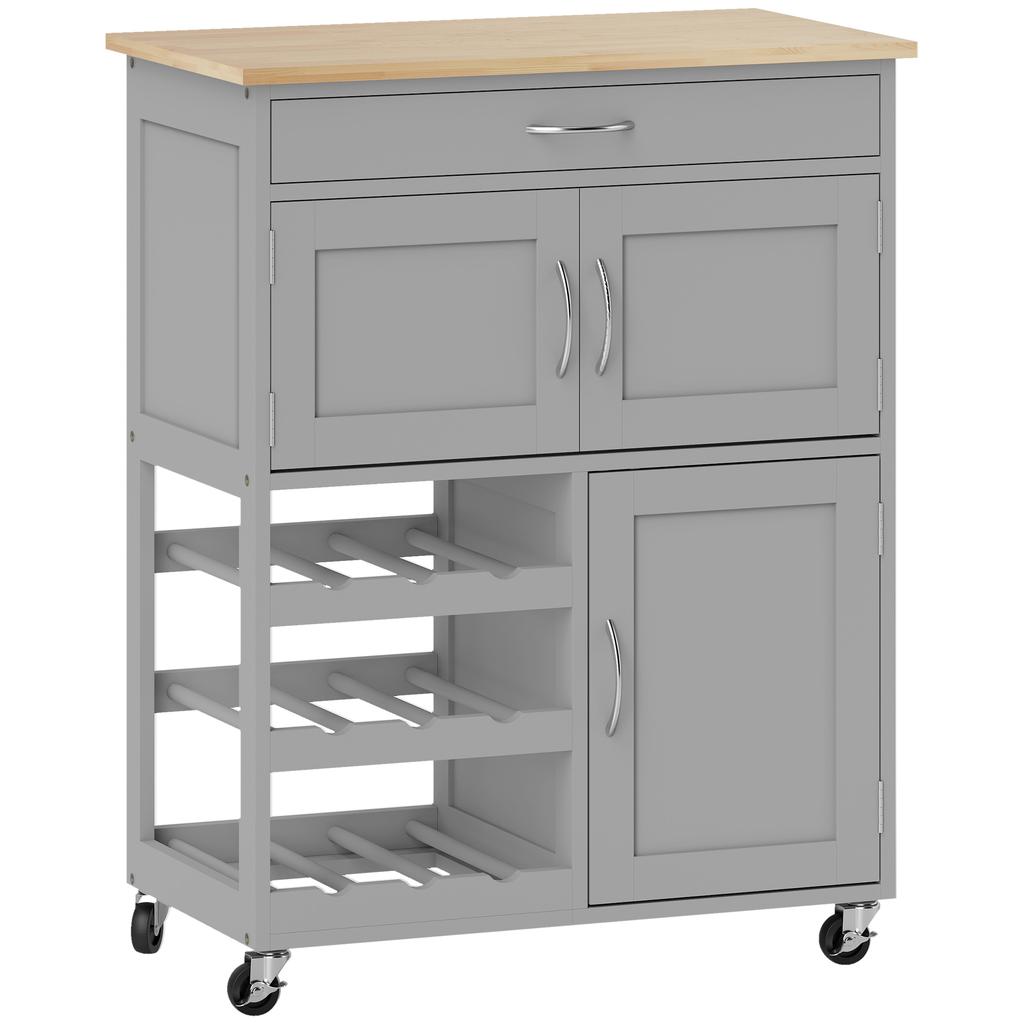 Modern Kitchen Trolley, Rolling Island Storage Cart with Drawer, 9-bottle Wine Rack, Door Cabinets, Wooden Countertop, Grey