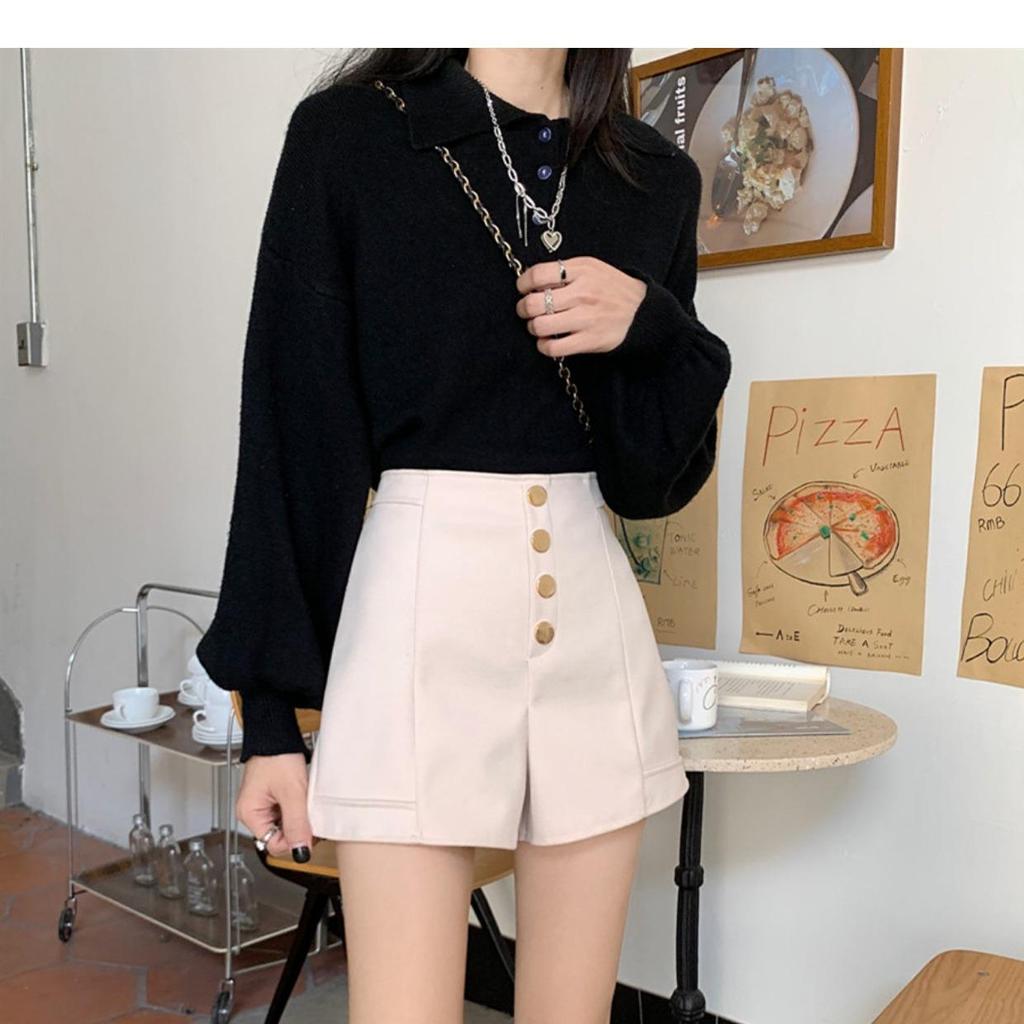 High-Waisted Black A-Line Wide-Leg Shorts - Summer 2024 Korean-Style Fashion for Girls