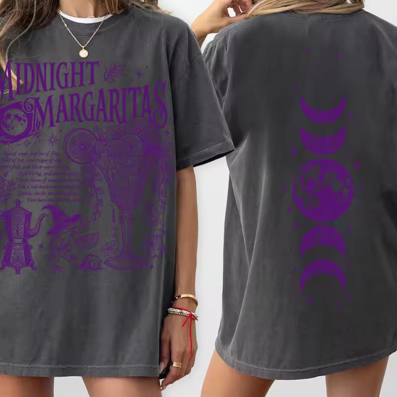Midnight Margaritas Design Halloween t-Shirt casual cotton short sleeve round neck T Shirts Spooky season vintage washed tees