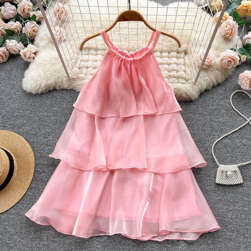 

Ruffles Halterneck Dress Loose Straps Tulle Pink L