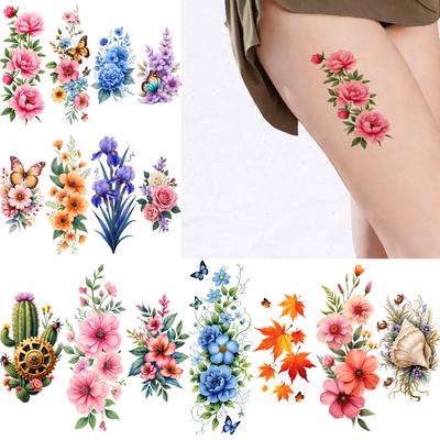 12pcs Temporary Tattoo Butterfly Patterns Colorful Floral Designs Waterproof Long-lasting Body Stickers For Arms Adult