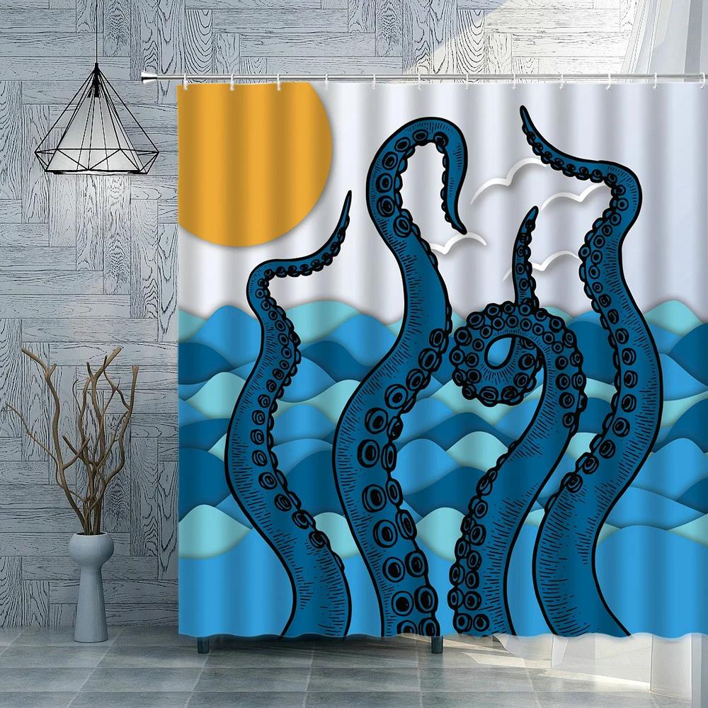 Ocean Animal Octopus Shower Curtain Underwater World Bathroom Curtains Waterproof Polyester Bath Decor Home Decoration With Hook W90XH180cm