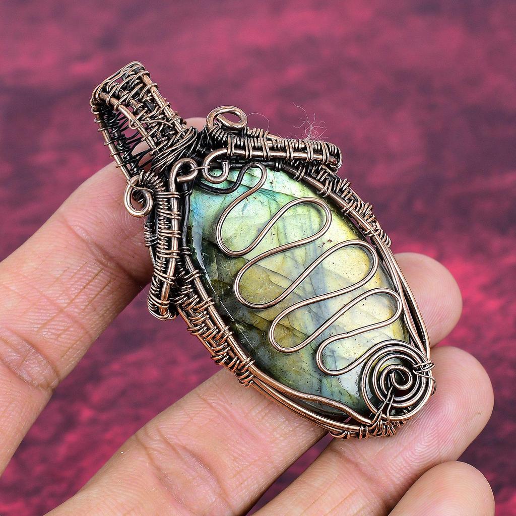 Labradorite Pendant Copper Wire Wrapped Gemstone Jewelry Handmade Dainty Pendant