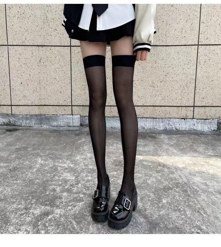 Red Edge Black Mid-Calf Suspender Stockings - Ultra-Thin Thigh-High, Sexy Plus Size.