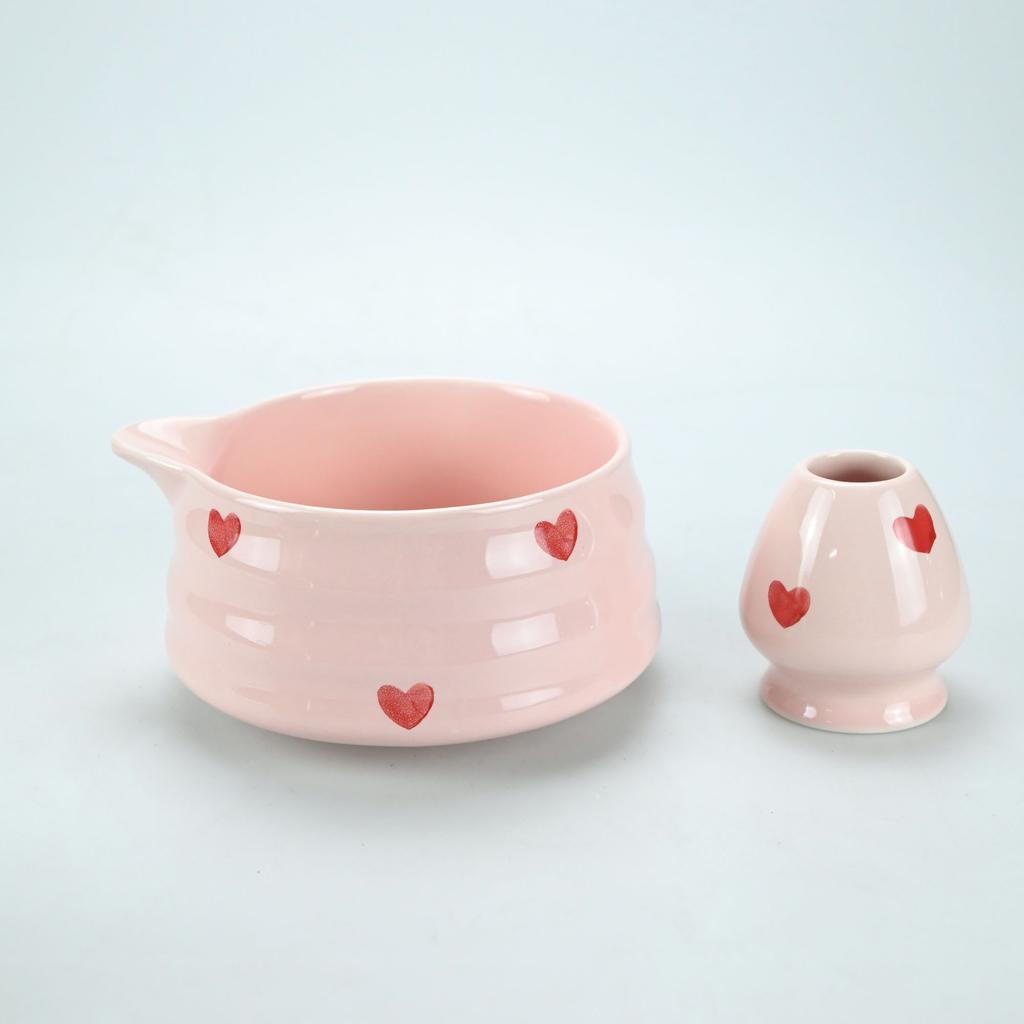 Matcha Whisk Set with Pink Heart Design, Matcha Set Includes Matcha Bowl, Matcha Whisk and Whisk Holder, Scoop, Sifter, Perfect