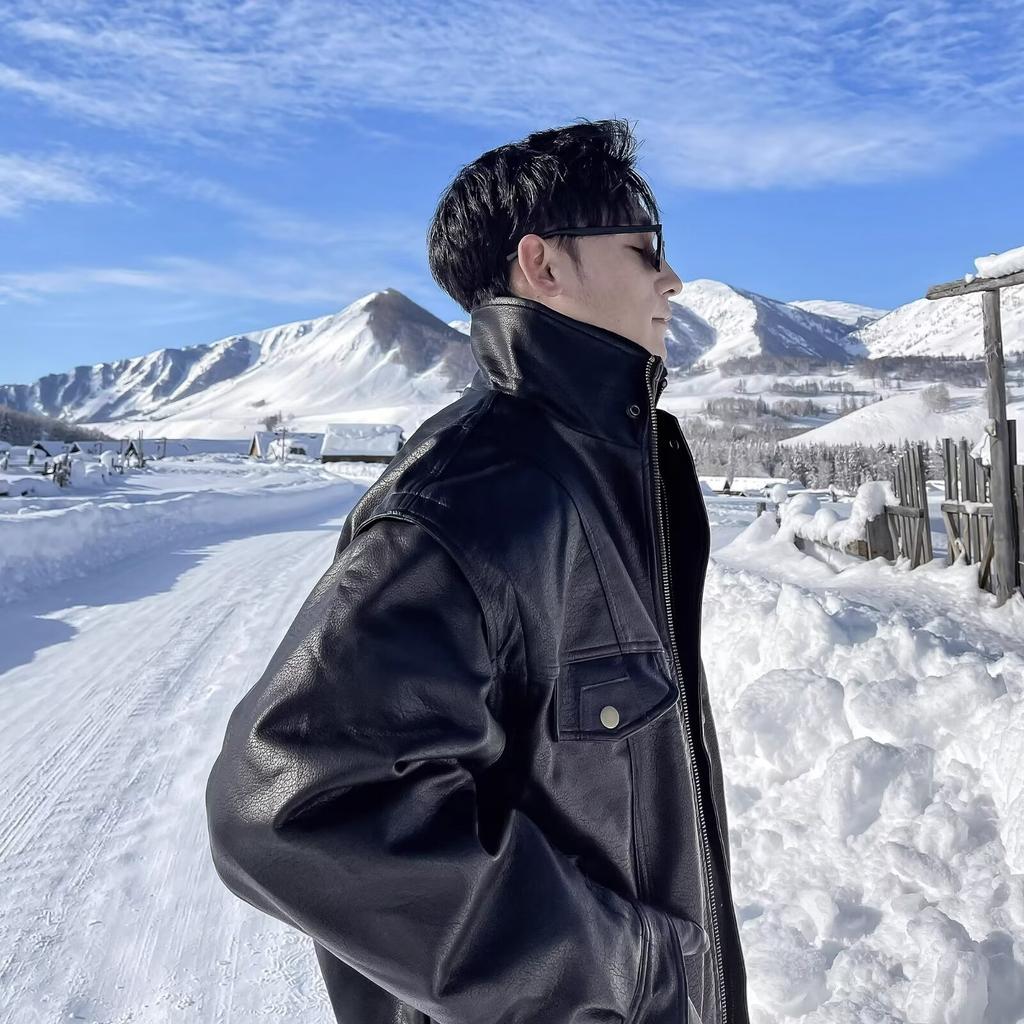 Autumn Winter Waterproof Windproof Oversized Thickened Warm Black Faux Leather Jacket Men Zip Up Casual Cool Fashion