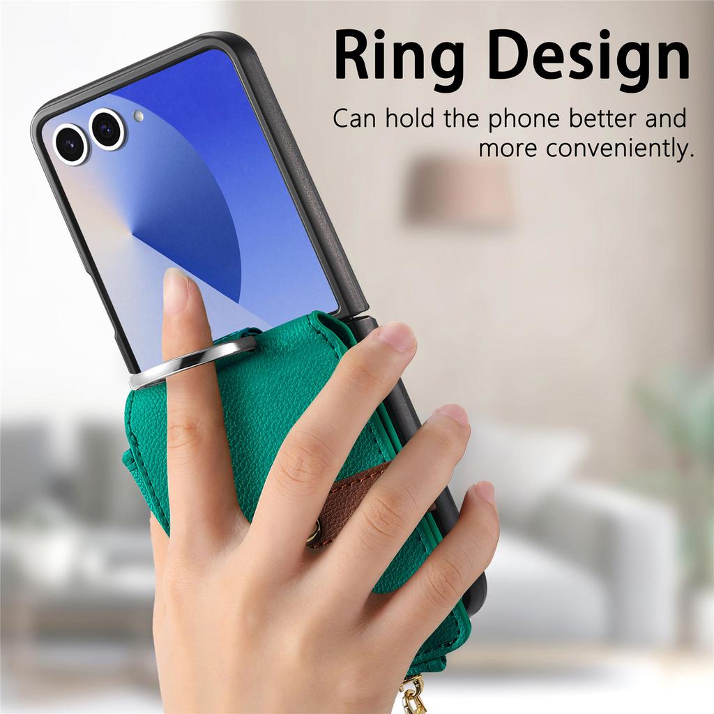 For Samsung Galaxy Z Flip7 5G Case Zipper Pocket Leather + PC Phone Cover with Ring Holder