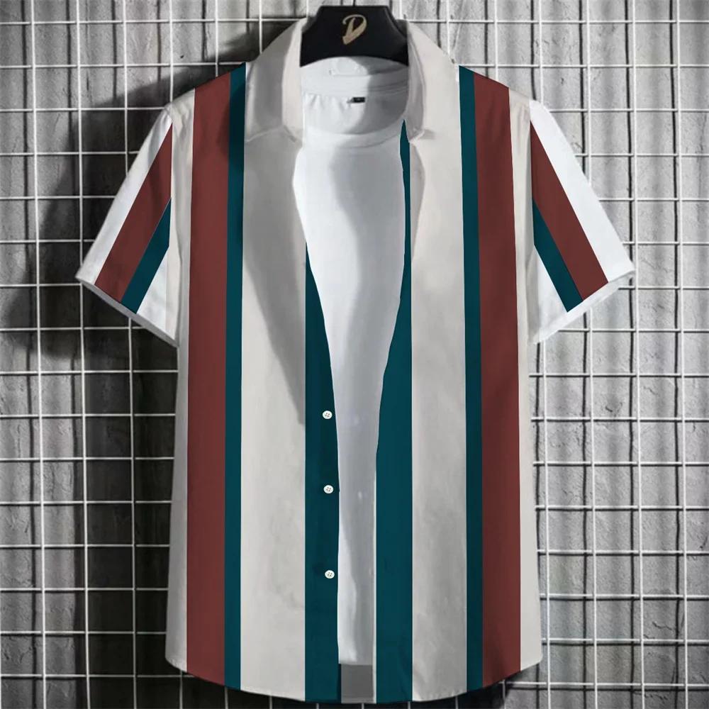 Spring Summer Men Clothes Short Sleeve Stripe Shirt 3D Digital Print Casual Tops