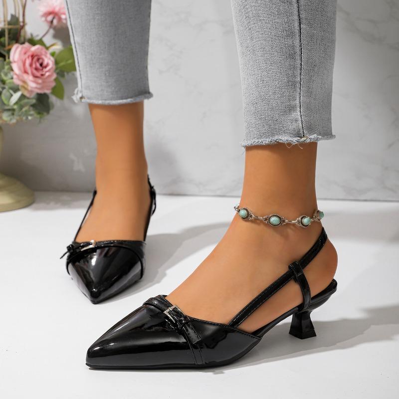 Fashion 2025 New Fashionable Summer Pointed Patent Leather Mid-heel Overhead Sandals for Women Retro Skinny Heel Back Empty Shoes