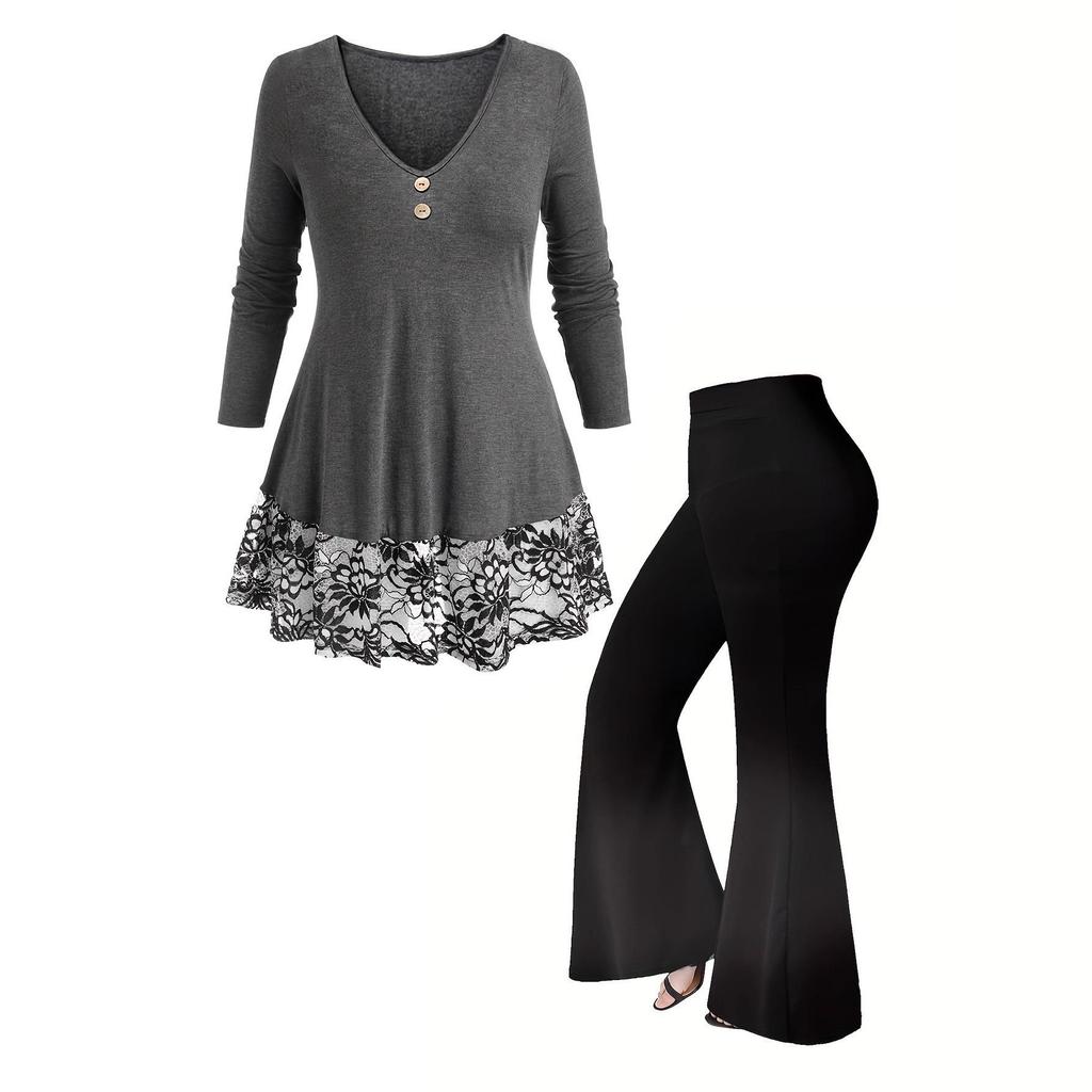 Damenmode Strickoberteil & Schlaghose Zweiteiliges Set für den Herbst