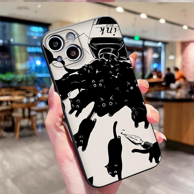 Black and White Cat Silhouette Art Phone Case for iPhone 17 16 15 14 13 12 11 Series Pro Max Plus Double Layer Protection