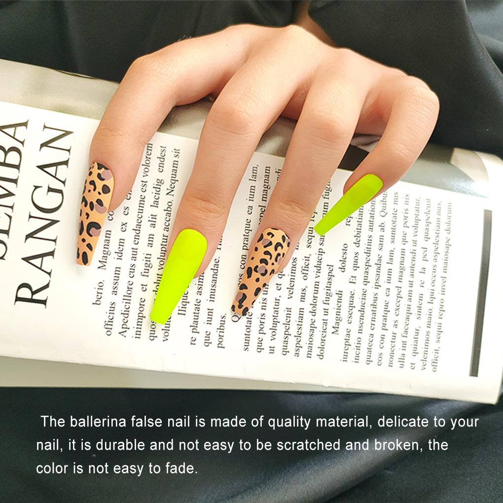 1 Set French Tip Press On Nails Leopard Pattern Long Artificial Matte Fingernails Fluorescent Yellow Tips Full Cover Ballerina