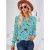Europe and America Cross Border Export Fall and Winter Women's Long-Sleeve Shirt Print Button V Neck T-Shirt Loose Plus Size Casual Bottoming Shirt