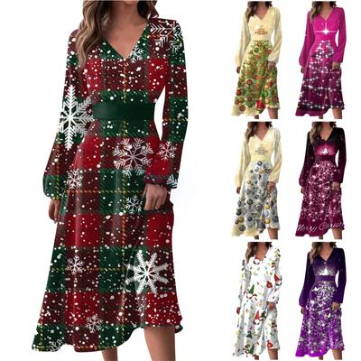 Women's Autumn And Winter Casual Fashion V-neck Long Sleeve Christmas Print Long Dress