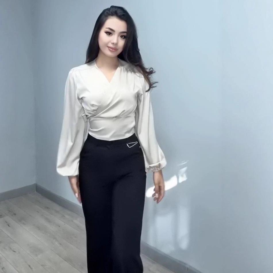 2025 Autumn European & American Style Women's Irregular V-Neck Tie-Up Top