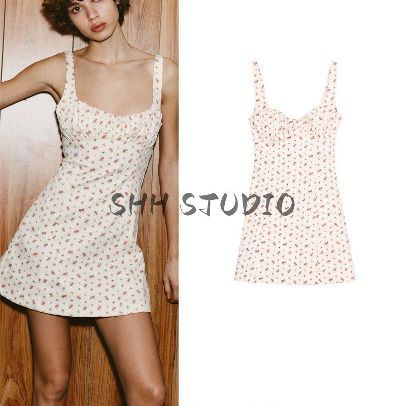 Summer New Product Women's Clothes French Style Ruched Decorative Flowers Print Patchwork Lining Short Dress 2180354