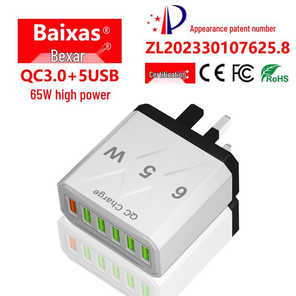 C3.0 6-Port 65W High Power Fast Charger with Global Plug Options - USB Compatible