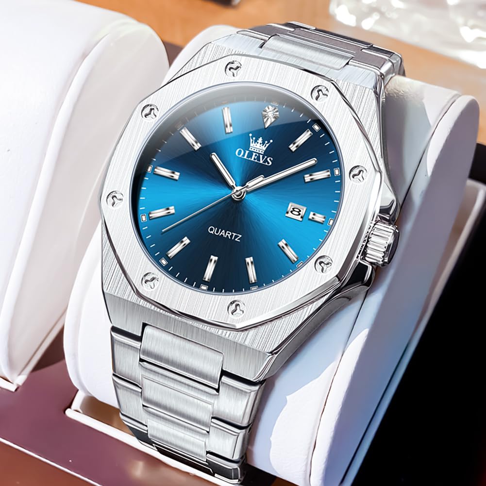 Olevs Octagonal Watch Men's Silver Popular Waterproof Analog Quartz Men's Dress Business Stylish Stainless Steel Men's Watch Date Lightweight Large