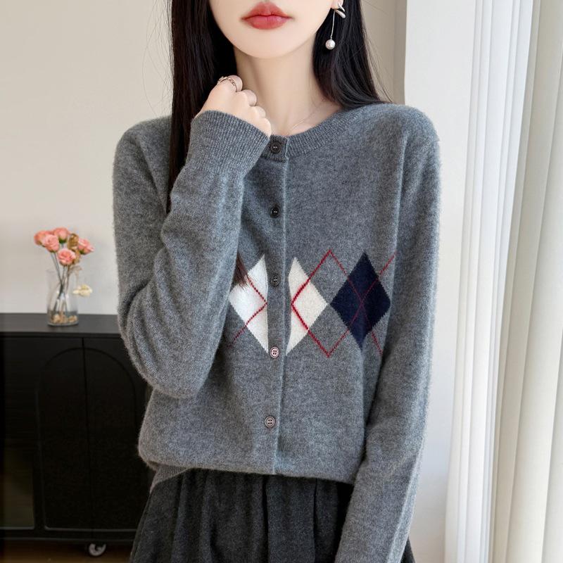 Autumn/Winter 100% Wool Diamond Jacquard College Style Cardigan for Women
