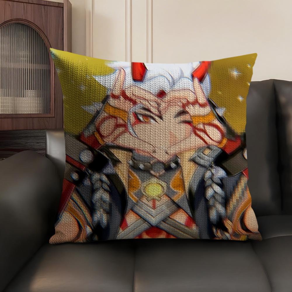 Arataki Itto Genshin Impact Cute Cushion Cover Natural Linen Organic Fabric DoubleSided Printing Sofa Home Decor Pillow Case