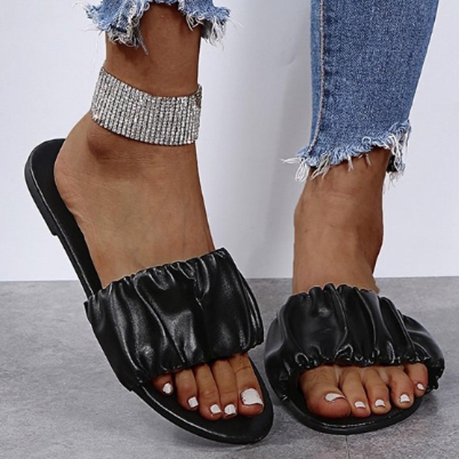 Шлепанцы большого размера Эластичная лента Плиссированные Пляжные Женские Римские туфли 42 чёрный