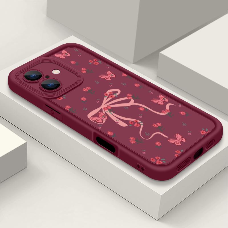 

Матовый чехол TPU с цветочным принтом и бантом для iPhone 16 Pro Max 15 Pro 14 13 12 11 XS XR, защита линз, противоударный мягкий силиконовый чехол для телефона iPhone 7 / 8 вино красного
