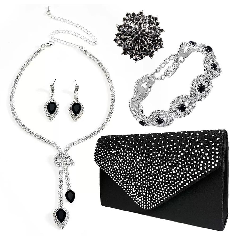 Elegant Women's Jewelry Set with Bag - Rhinestone Necklace Earrings Bracelet for Wedding Banquet Party
