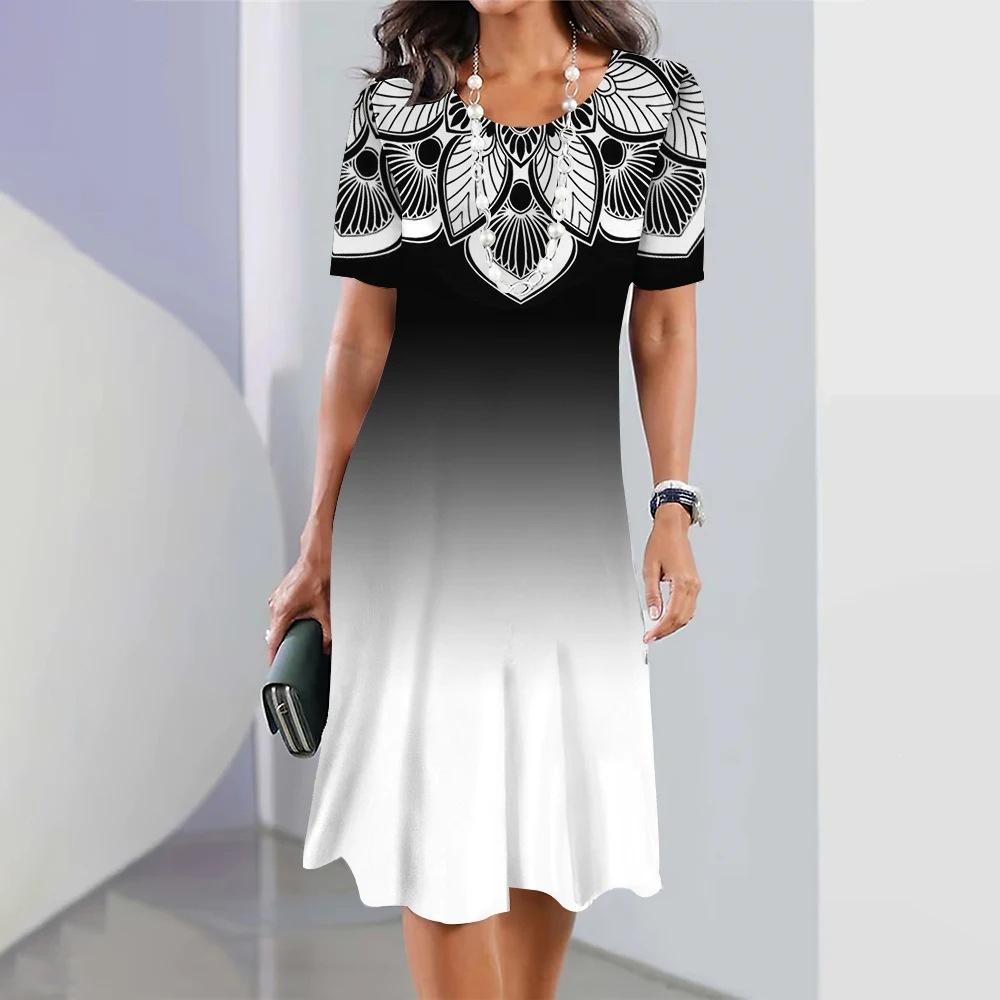 Elegant Fashion Short Sleeve T-shirt Dress Beach Vacation Midi Dresses Women 3d Print Clothing