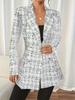 Autumn Winter New Elegant Black and White Grid Pattern Lapel Button Long Sleeve Slim Suits