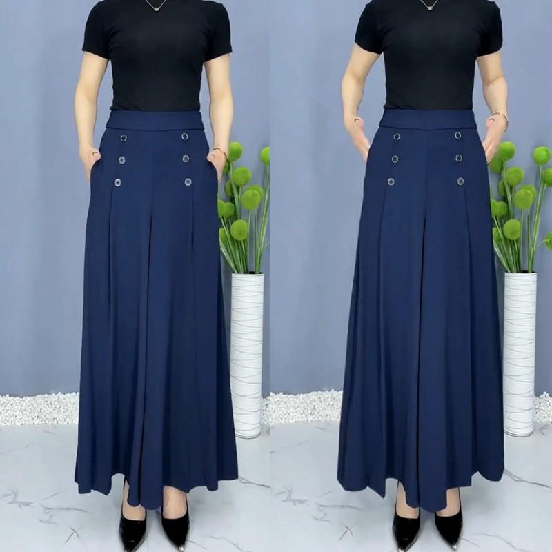 

Жіночі штани з високою талією та широкими штанинами: Літня тонка, вільна, для схуднення, драпірування, повсякденна спідниця в дев’ять точок 3XL темно-синього кольору