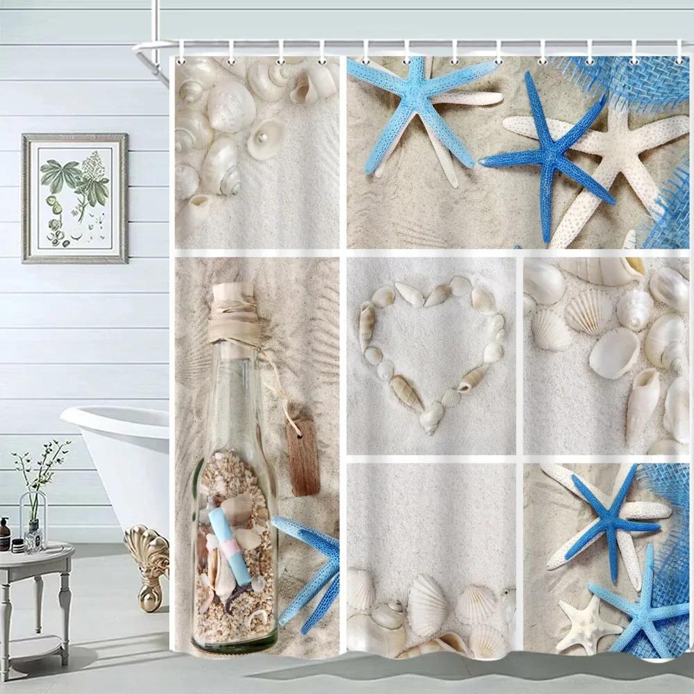 Seashell Shower Curtain Summer Beach Starfish On The Coastal For Bathroom Curtain Polyester Fabric Bathroom Accessories Set