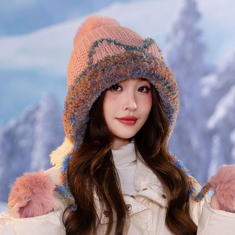 Hat Female autumn and winter ear protection Wool hat Cycling cold mother hat Plush thick ear protection hat