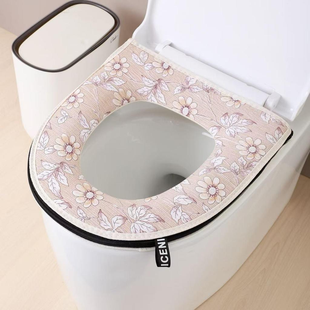 Breathable Cotton Linen Washable Toilet Seat Cover with Handle and Zipper - Universal Fit and Skin-Friendly