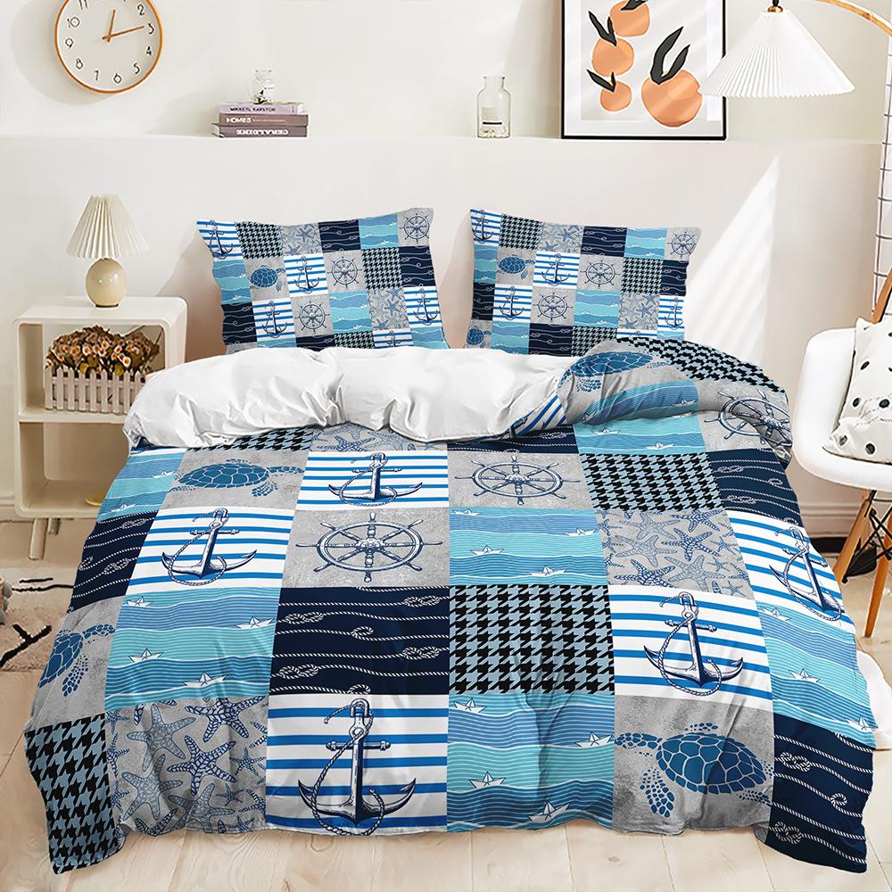 Three-Piece Set Nautical Anchor Quilt Cover Pillowcase Digital Printing Bedding Universal In All Seasons