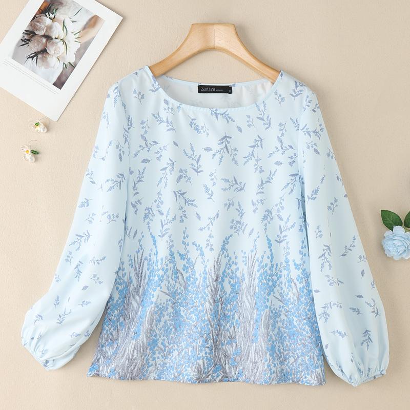 

ZANZEA Женская повседневная блузка с круглым вырезом, свободного кроя, с длинным рукавом и принтом 5XL синий
