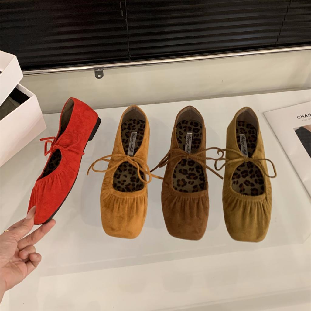 Flat-bottomed Pleated Skirt Mary Jane Single Shoes Women's Shoes 2025 Spring and Autumn Suede Lace-up Bow Evening Shoes