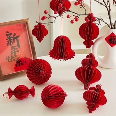 Red Honeycomb New Year Decorations Paper with Tassel Christmas Tree Ornament Hanging Style Paper Honeycomb Lantern