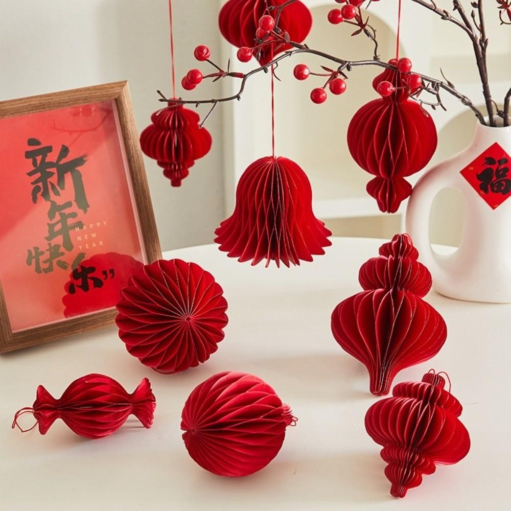 New Red Honeycomb New Year Decorations with Tassel Paper Hanging Pendant Hanging Style Christmas Tree Ornament Spring Festival
