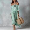 New Spot European and American Spring and Summer Elegant Striped Off-the-shoulder Loose Vacation Fashion Temperament Dress Women
