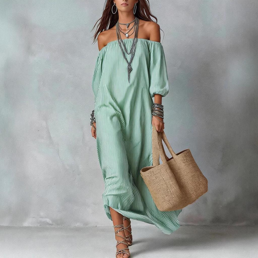 New Spot European and American Spring and Summer Elegant Striped Off-the-shoulder Loose Vacation Fashion Temperament Dress Women