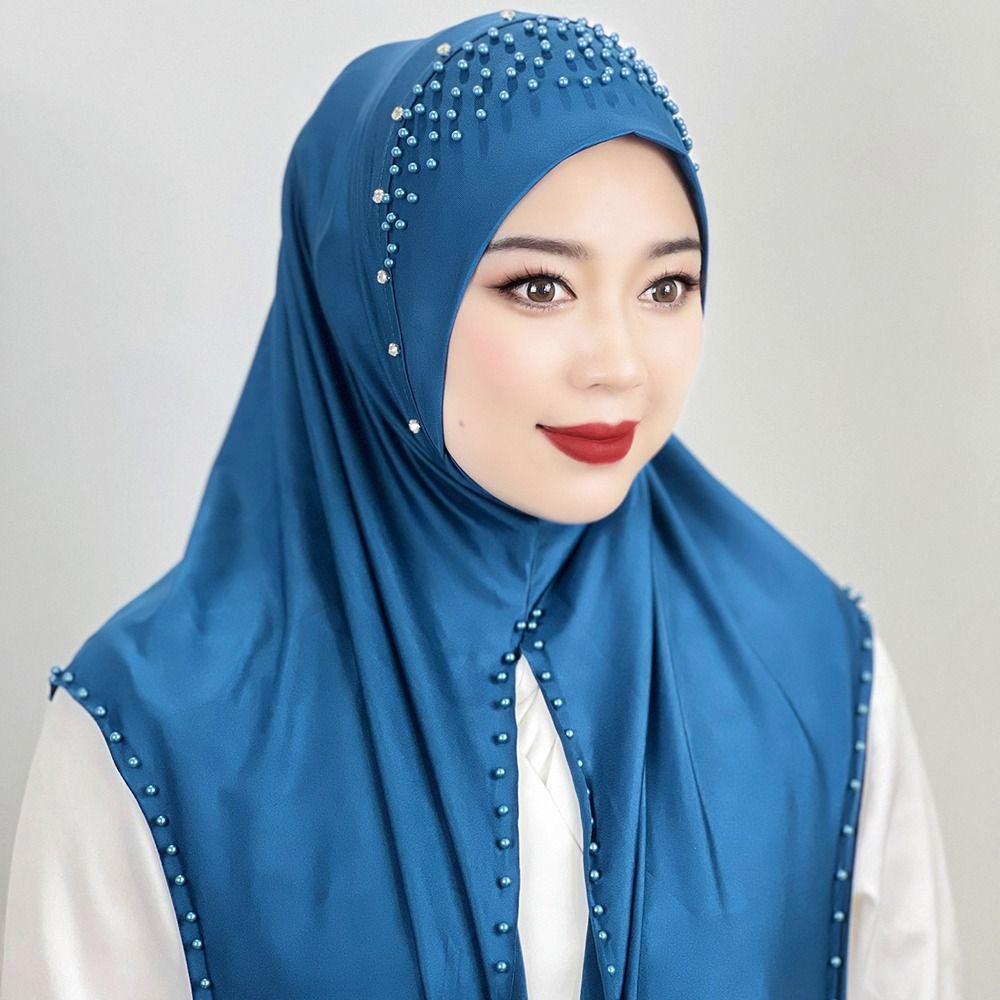 Comfortable Beaded Muslim Hijab Solid Color Full Cover Turkish Head Wrap Scarf Arabic Hijab Hat