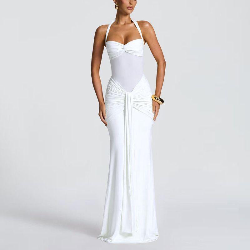 

Cross-Border European and American Fashion New Style Mesh Splicing Elegant Fishtail Ribbon Dress Slim Fit Bodycon Dress for Women White S